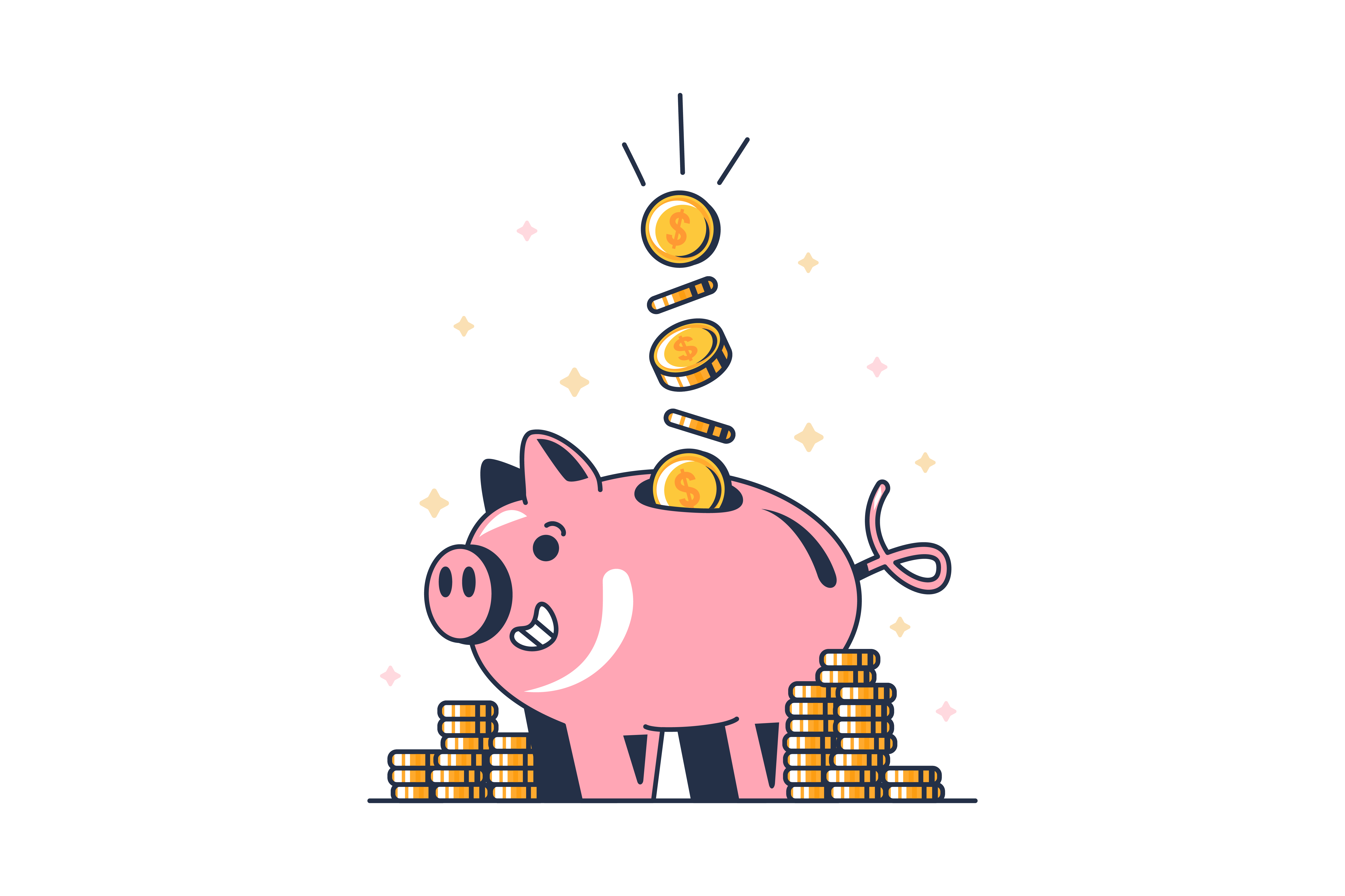 Piggy bank with falling coins representing the concept of saving money
