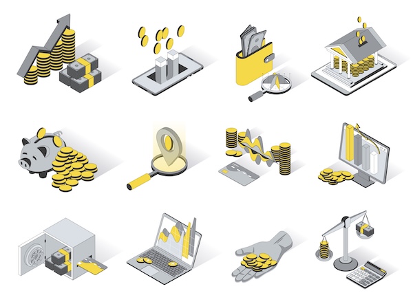 Financial icons representing various saving strategies and tools