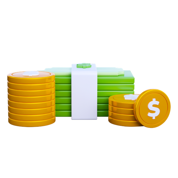 Stacks of money and coins representing accumulated savings and wealth